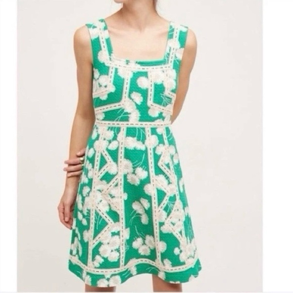 Anthropologie Dresses & Skirts - Maeve Anthropologie Floral Dandelion Emma Green Lace Trim Fit & Flare 6